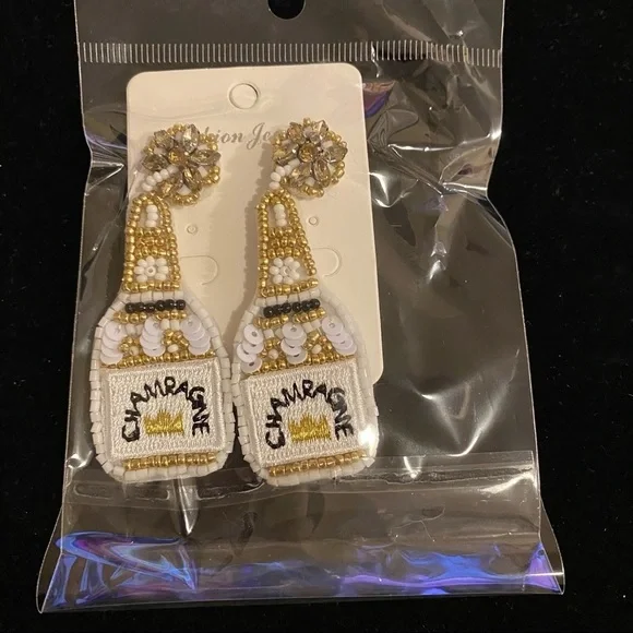 Champagne bottle earrings white gold beaded - Picture 2 of 6